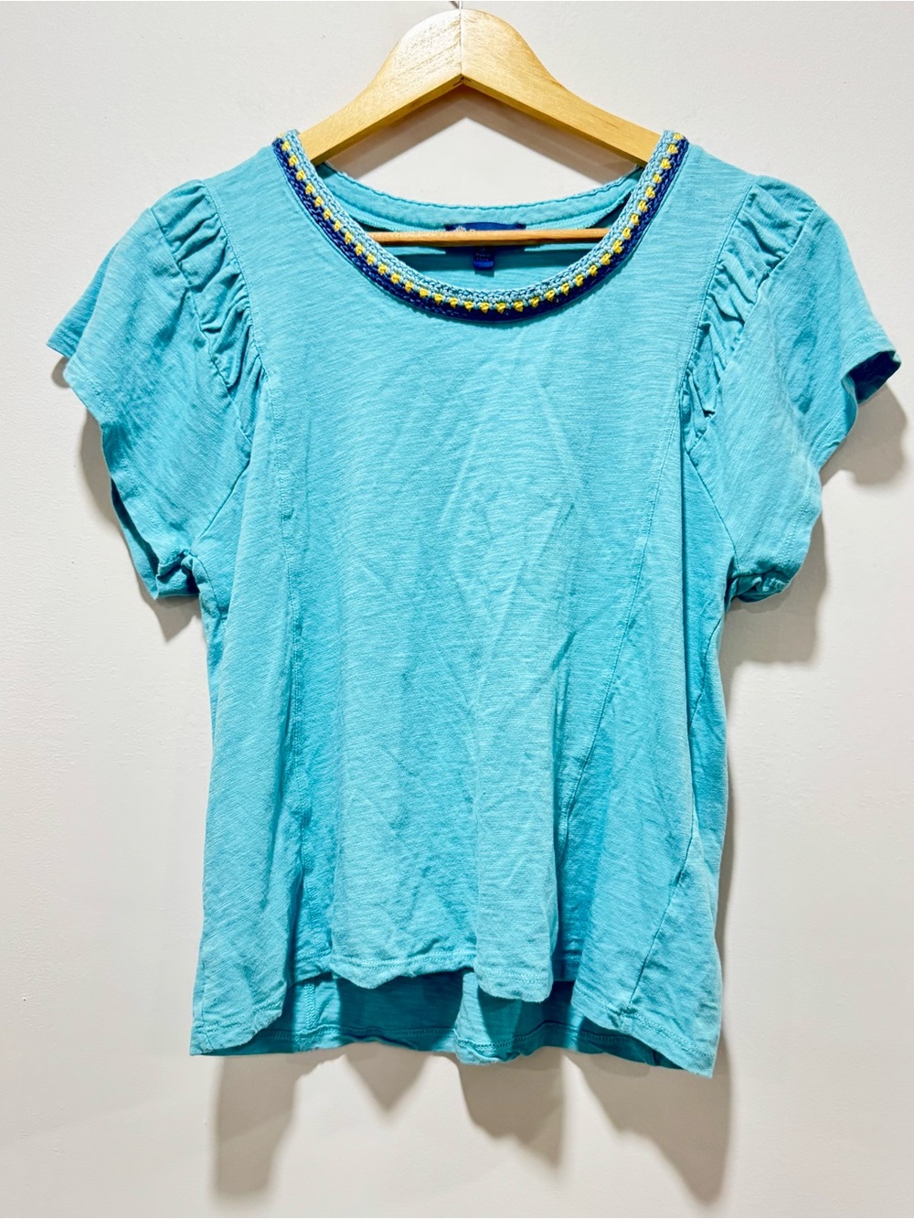 Democracy Teal Flutter Sleeve Top‎ Size S Crochet Trim Cotton Modal Blouse